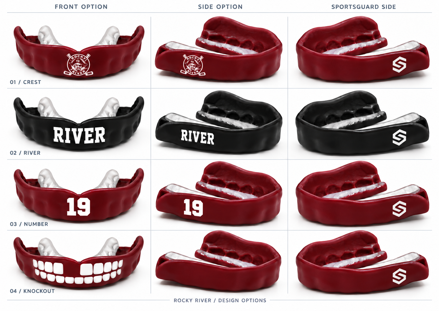 Rocky River custom mouthguard design options showing maroon and black styles, crest, number and team graphics